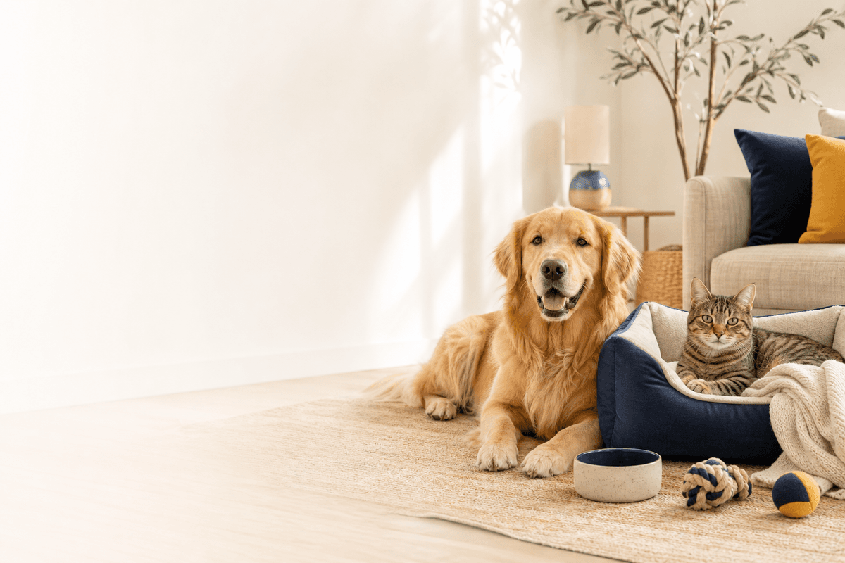 A dog and a cat resting at home with CozyPawLab supplies