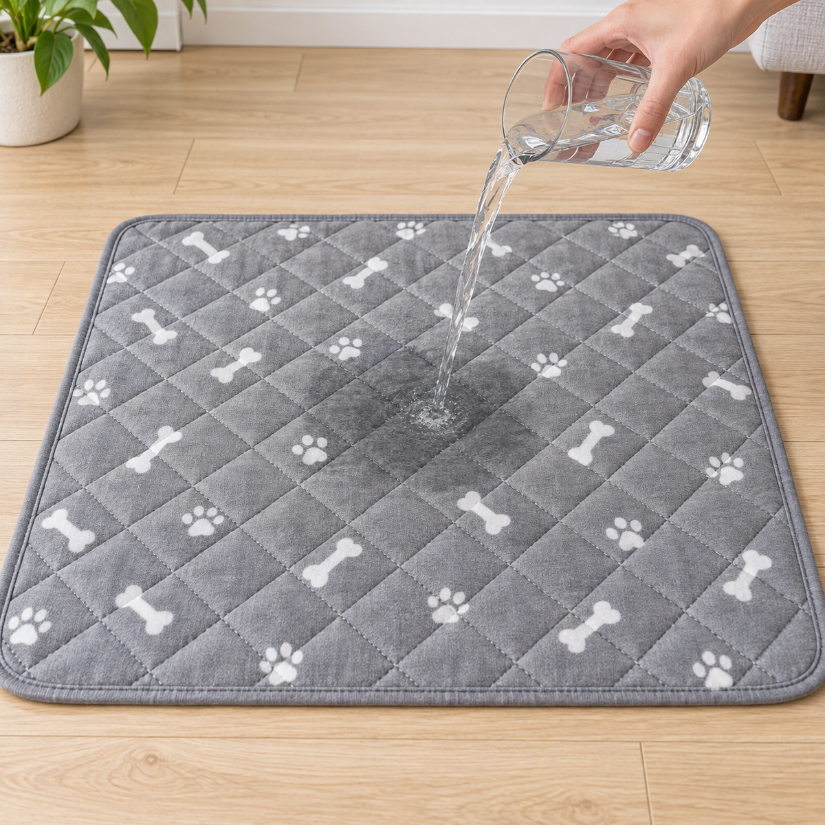 A full cup of water poured onto the pad while the floor stays dry