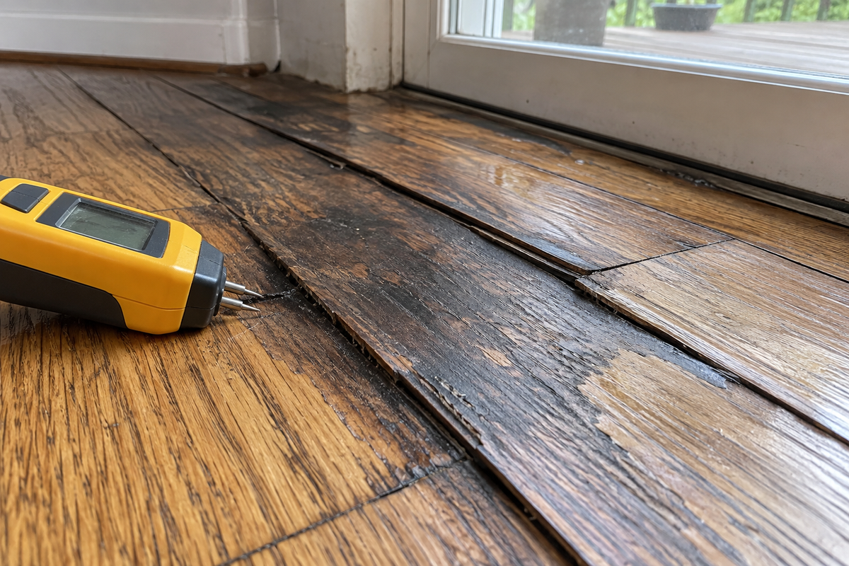 Darkened, lifted oak boards beside a moisture meter reading high