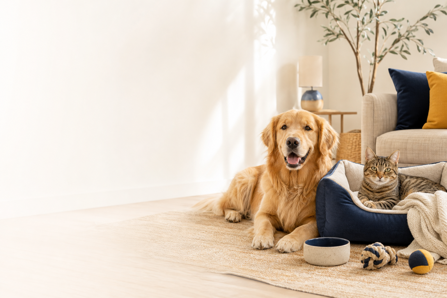 A dog and a cat resting at home with CozyPawLab supplies