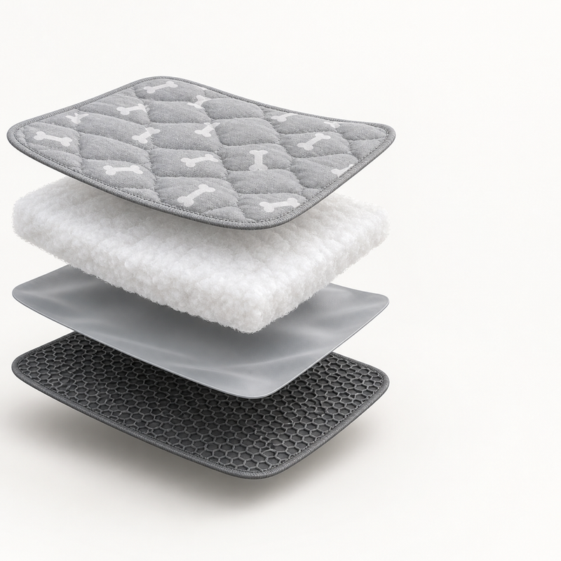 Exploded view of the four layers of the CozyPaw washable pee pad