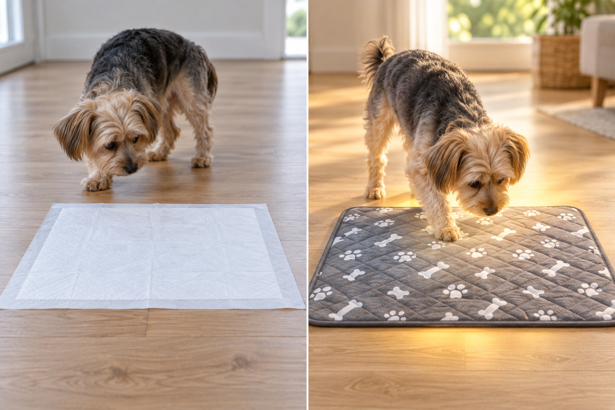A disposable pad gives a dog no scent signal; the CozyPaw pad guides her nose straight to it