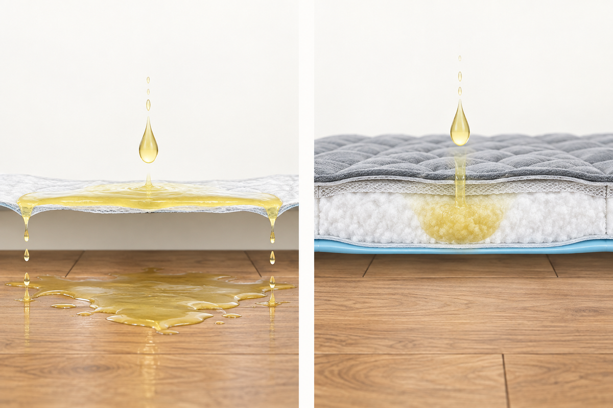 A flat disposable sheet spreads liquid sideways to the edge while an absorbent core pulls it straight down