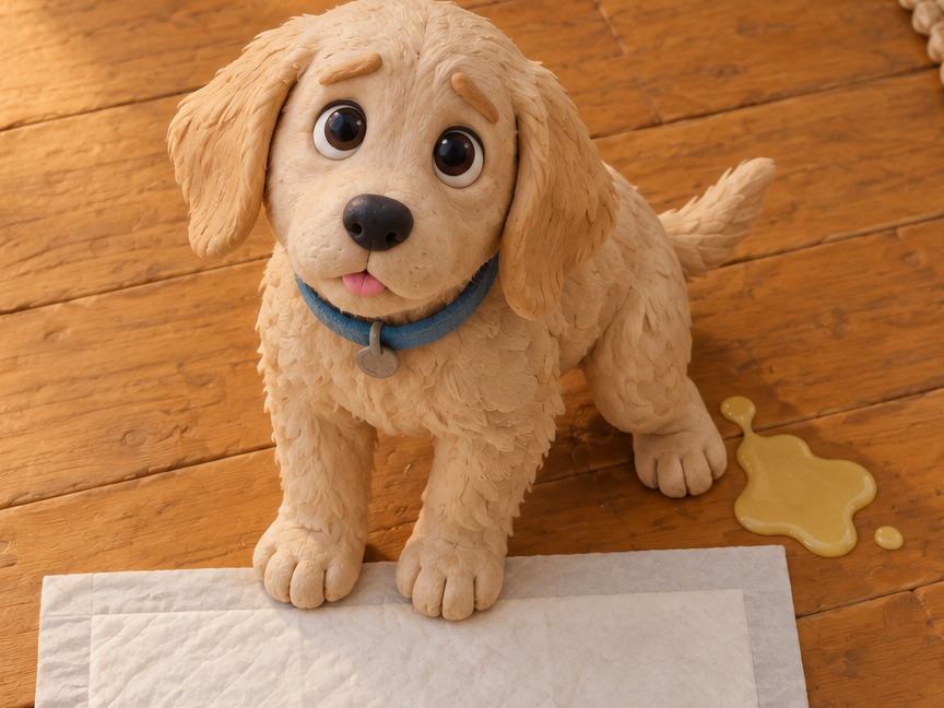 A puppy standing on a disposable pee pad with a puddle beside it