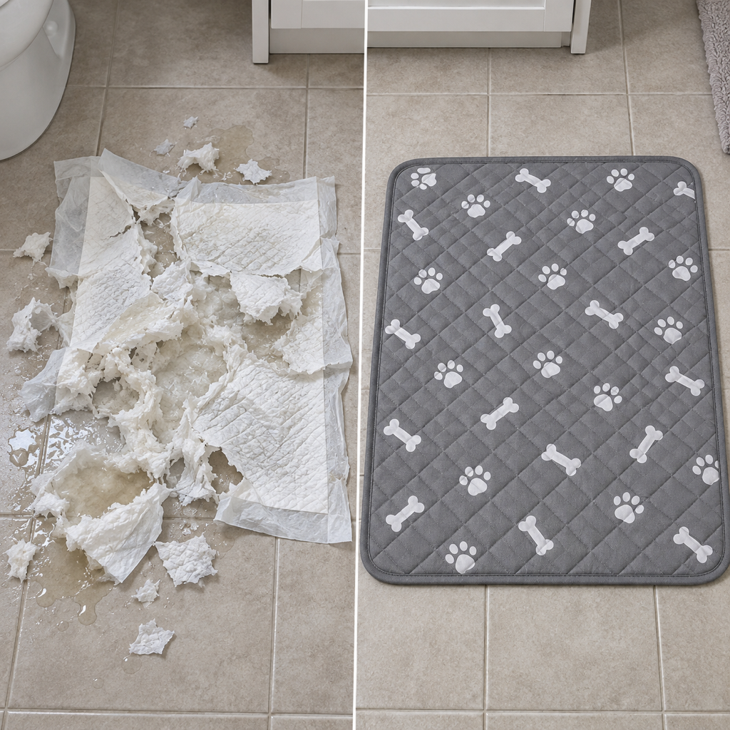 A shredded, leaking disposable pad next to a clean, intact CozyPaw reusable pad
